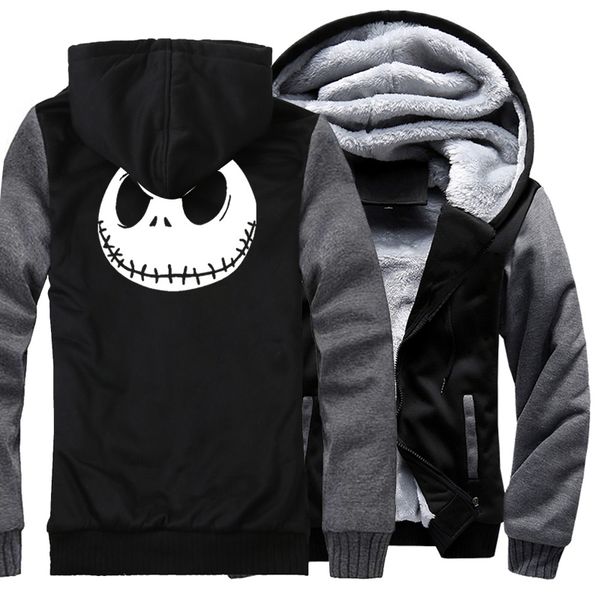 

gkgz winter jack skellington evil face print hip hop streetwear hoody thick hoodies men zipper jacket sweatshirt drop shipping, Black