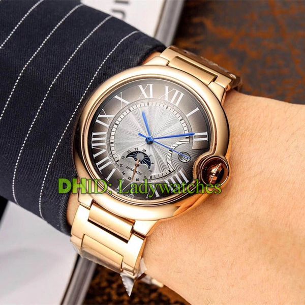 

blue balloon multi-function mens watch automatic mechanical movement auto date 316l steel case moon phase display designer watch with box, Slivery;brown