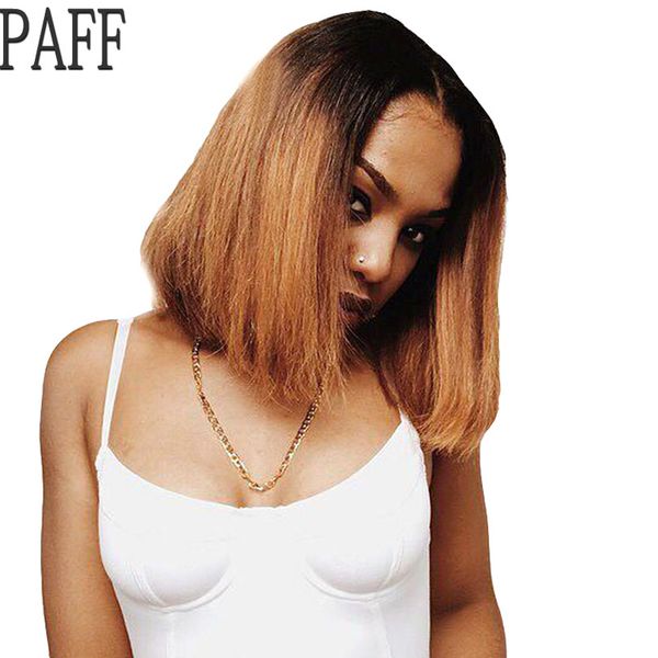 

paff bob human hair lace front wigs short ombre color t1b/27 straight peruvian remy hair wig bleached baby hair, Black;brown