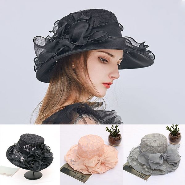 

new trendy summer hats for women floral wedding fedoras formal hats wide brim sunhat beach hat church hat, Blue;gray