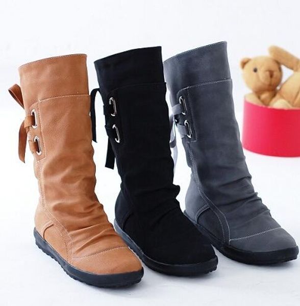 

2019 new mid-calf boots women fashion platform boots slip on lace-up solid flat heels ladies casual warm shoes, Black