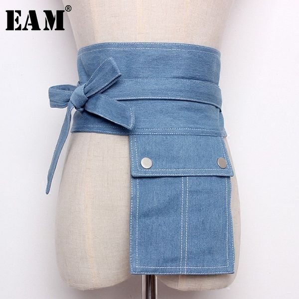 

eam] 2020 new summer fashion tide light blue denim patchwork pockets bow adjustable waist woman all-match belt s828, Black;brown