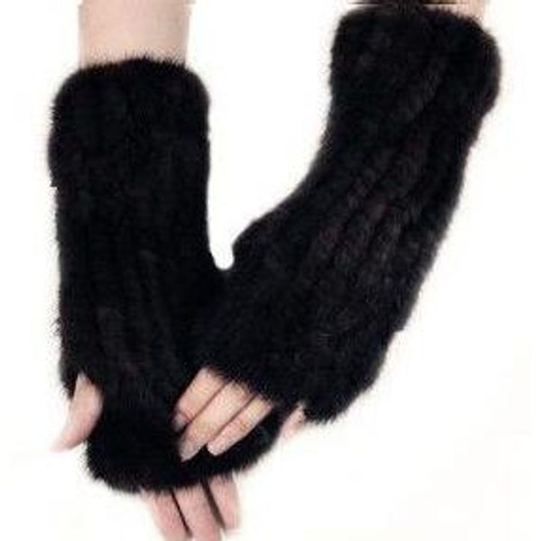 

korean version of new mink woolen gloves female gloves half-finger medium-length leather with wrist bracers, Blue;gray