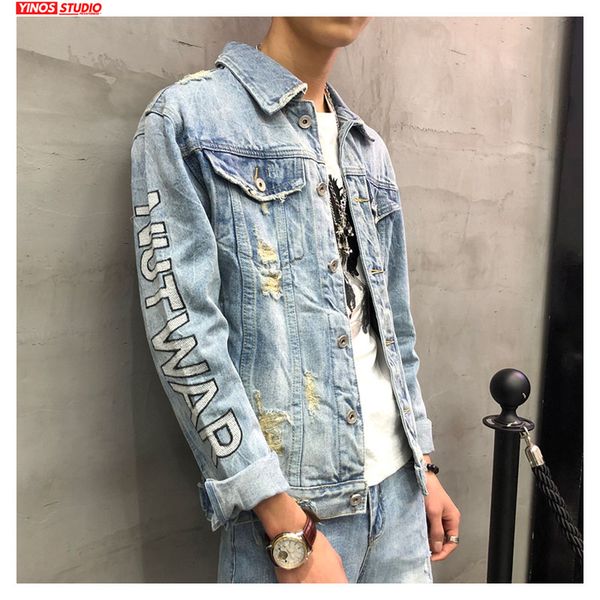 

dropshipping autumn pocket male eagle coats streetwear causal japanese denim jacket cotton outwear distressed demin, Black;brown