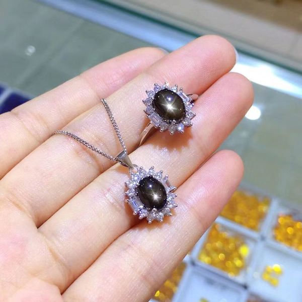 

natural 6*8mm star sapphire s925 sterling silver fashion fine jewelry sets women natural black gemstone pendants/rings
