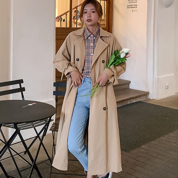 

khaki maxi long trench coat for women loose belt plus size casual windbreaker xxxxl 4xl korean style outwear 2020 spring, Tan;black
