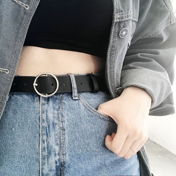 

p belt women's jeans wear outfit student outfit black simple all-match round buckle belt student decorative jeans with bag, Black;brown