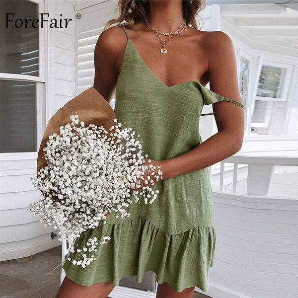 

forefair mini summer spaghetti strap dress backless off shoulder yellow white green ruffle linen sundress beach dress women, Black;gray