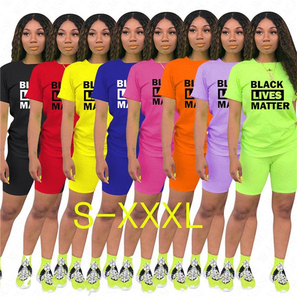 

women designer summer tracksuit black lives matter letter printed 2 piece clothes set t shirt + biker shorts casual outfit sportswear d61902, White