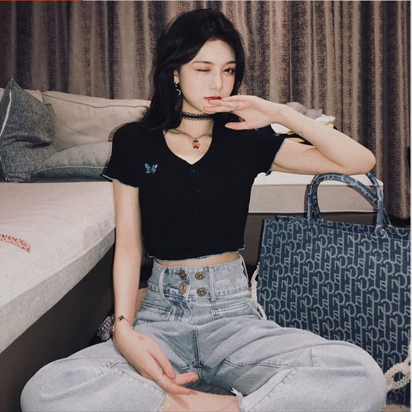 

2020 butterfly short-sleeved t-shirt women's summer all-match t-shirt casual pants butterfly casual pants slim tall waist short navel t, White