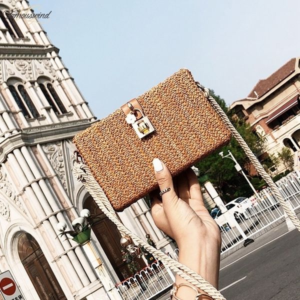 

2020 summer beach handbags women messenger bags square straw hand woven ladies crossbody bag shoulder plain rattan bags bolsa feminina