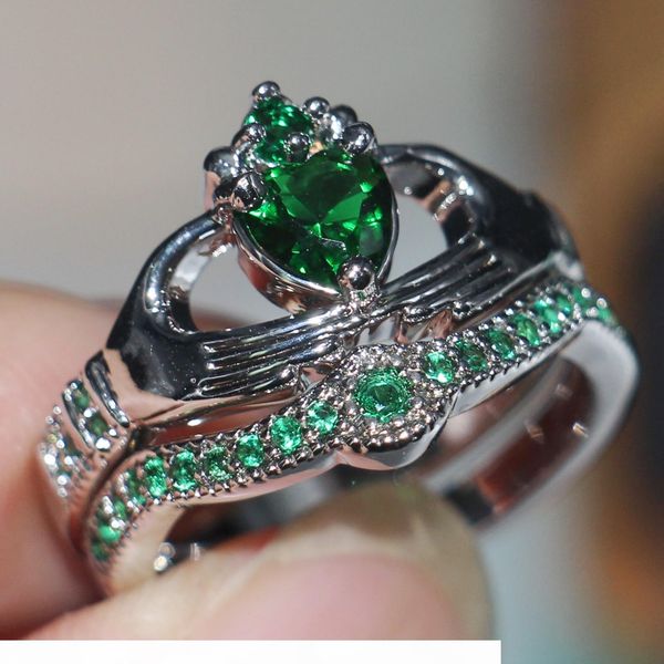 

claddagh fashion jewelry chouchong unique desgin 10kt white gold filled heart shape emerald gemstones cz diamond women wedding couple ring, Slivery;golden