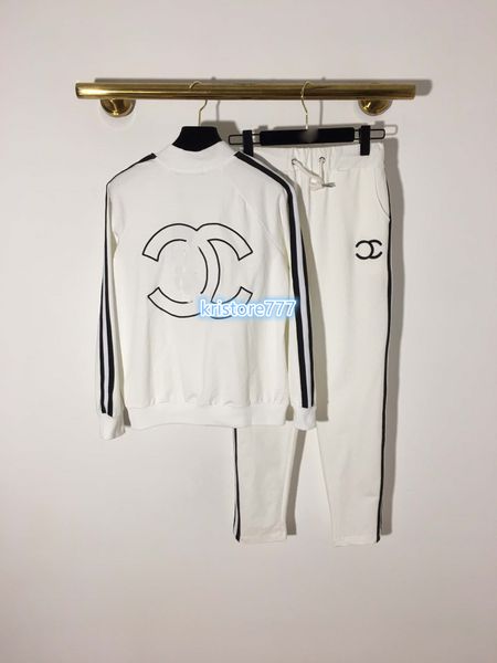 

women fashion luxury design two piece pants shirts jackets+trouser pants with letter print high end girls cotton jersey jogging striped, White