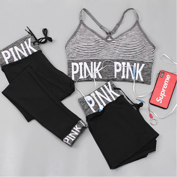 

pink letter sport set women yoga sets sports bra+yoga pants+shorts fitness clothing sportwear gym sets women workout clothes, White;black