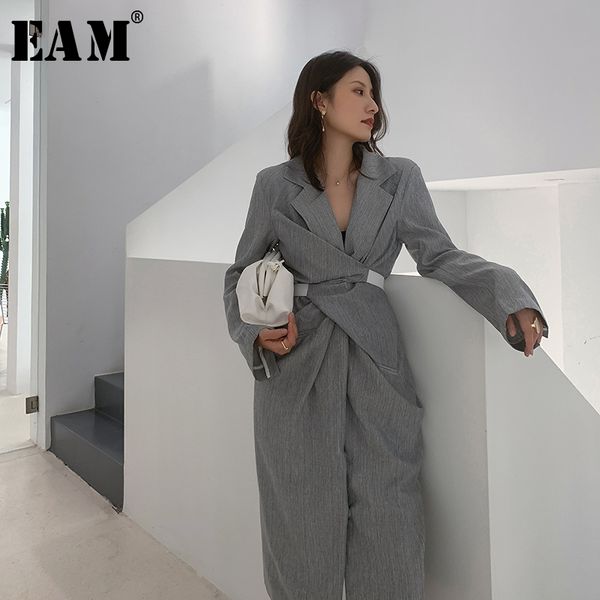 

eam] women gray pleated knot long elegant dress new v-collar long sleeve loose fit fashion tide spring summer 2020 1w485, Black;gray