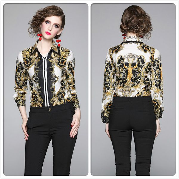 

2020 baroque retro print silk shirt plus size women long sleeve lapel neck plus size ladies runway blouse office designer button shirts, White