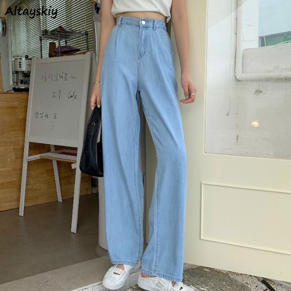 

jeans women summer all-match pockets zippers slim chic harajuku streetwear full length wide leg oversize trousers daily womens, Blue