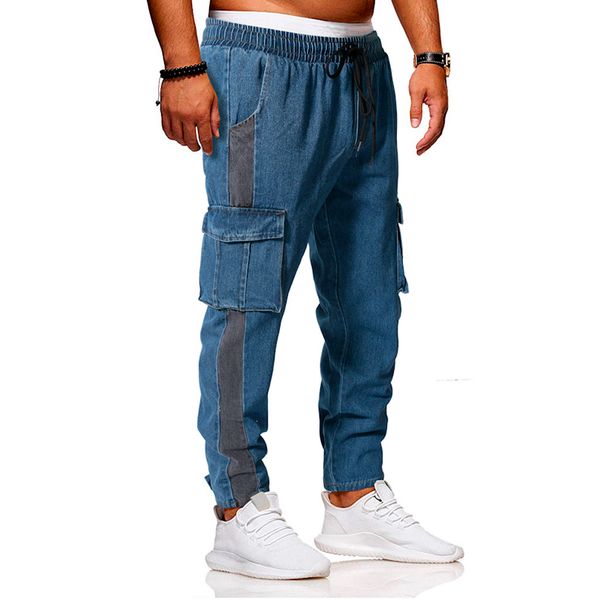 

stripe splicing men`s casual motorcycle workwear multi pockets denim biker cargo jeans pants for men plus size 10.21, Blue