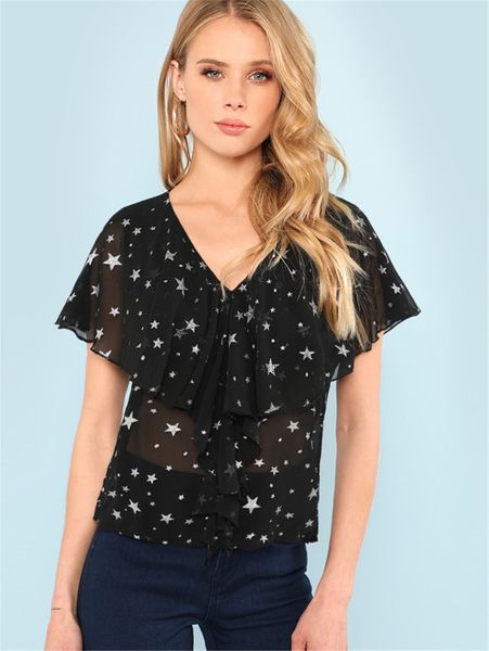 

selling 2018 chiffon printed v-neck cascading chiffon shirt, White