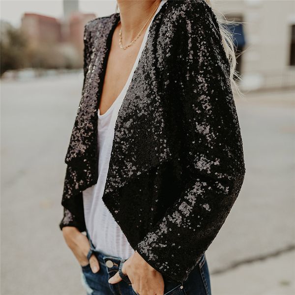 

spring autumn fashion women black sequined coats irregular outwears cardigan shorts slim jackets crop sudaderas mujer 2018, Black;brown
