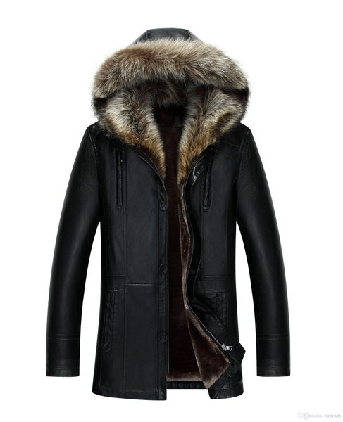

men genuine leather jacket winter coats real raccoon fur collar hooded cashmere snow outwear overcoat warm thick outdoor plus size, Black