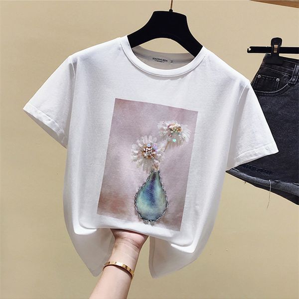 

женская o шеи короткими рукавами блесток бисероплетение хлопок t-shirt tee 2020 лето женский пуловер повседневный топы тис a2777, White