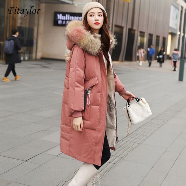 

fitaylor large natural raccoon fur jacket winter women duck down long parkas female slim hooded pockets thick warm down coat, Black