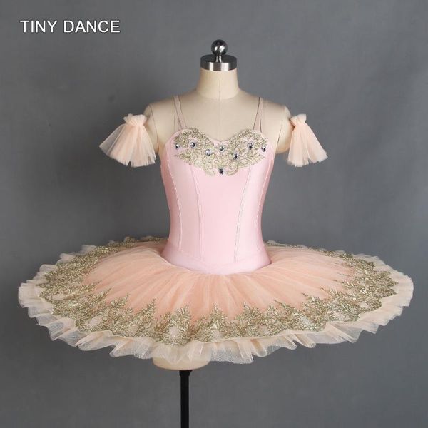 Tutù di danza classica professionale con corpetto in spandex rosa pallido e gonna tutù pancake con finiture in paillettes oro scintillante per ragazze BLL405241e