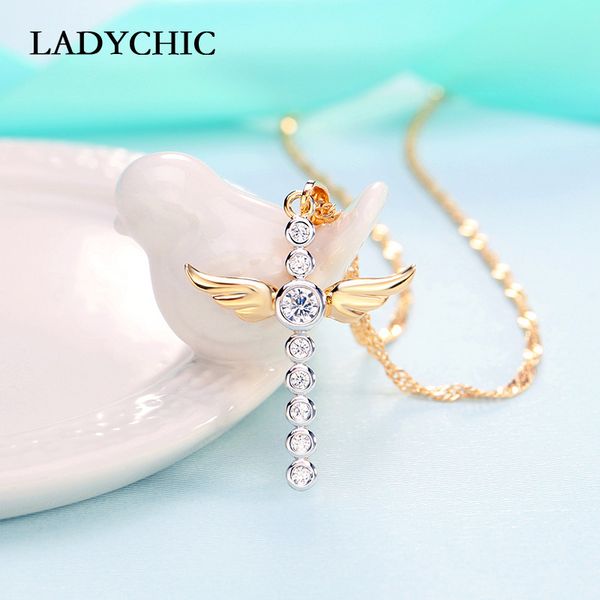 

ladychic new arrival angel wing gold color cross pendant cute shiny crystal necklaces for women girl wedding jewelry gift ln1072, Silver