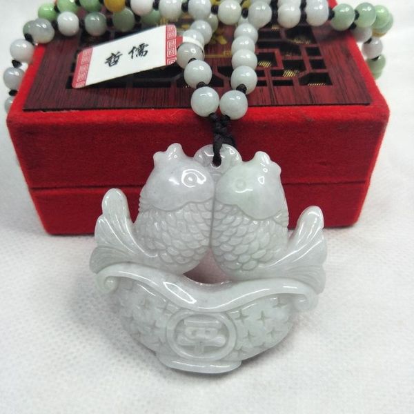 

lockets zhe ru jewelry pure natural jadeite carved light green pisces amulet pendant tricolor jade bead necklace send class a certificat, Silver
