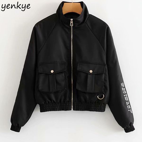 

fashion 2019 pockets motorcycle crop jacket women long sleeve zipper black autumn coats plus size jacket chaqueta mujer tl7130, Black;brown