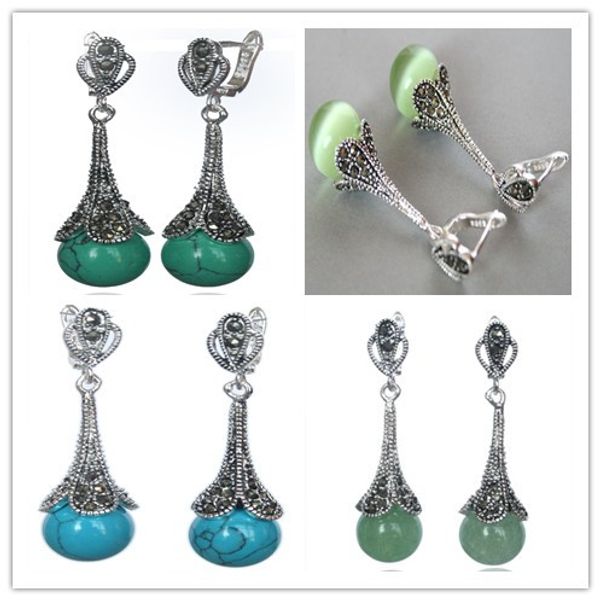 

4 styles natural 10mm green /opal/ blue beads marcasite sliver earrings, Golden;silver