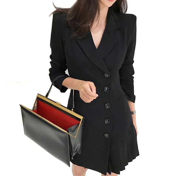 

office lady black ruffles double breasted blazer dress women spring new notched casual slim blazer dress bodycon suit dresses, Black;gray