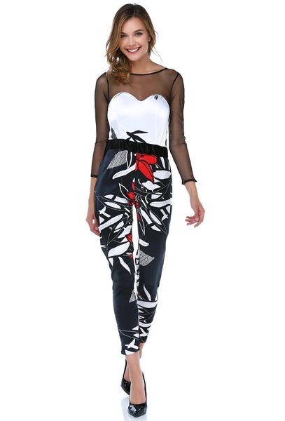 

tantrona all over satin jumpsuit with zipper tulle detail, Black;white