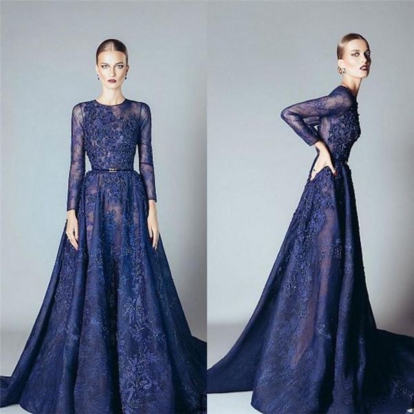 

2020 ellie saab вечерних платьев naby синих оборки бисер аппликация кружево платье с длинными рукавами дубай арабского вечерние платьев vest, Black;red