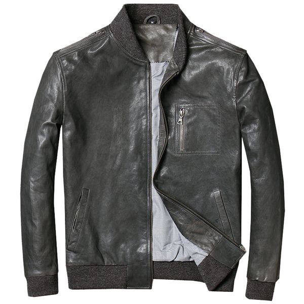 

genuine leather jacket men real sheepskin motorcycle biker leather jacket coat casual slim male spring autumn jaqueta de couro, Black