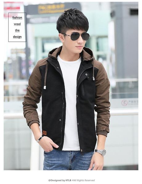 

regular length zipper hooded coats panelled long sleeve clothing mens casual slim outerwear with pocket mens designer jackets, Black;brown