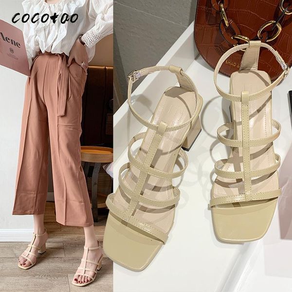 

римские сандалии женские 2020 лето новый толстый каблук дикий ретро слово ремень мода полые модные сандалии на высоком каблуке, Black