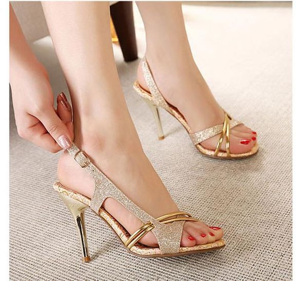 Hot Sale-High Heels Sandalen Gold Schuhe Kleid Schuhe 10CM sexy Glitzer Hochzeitsschuhe Weihnachtsfeier EU34-39