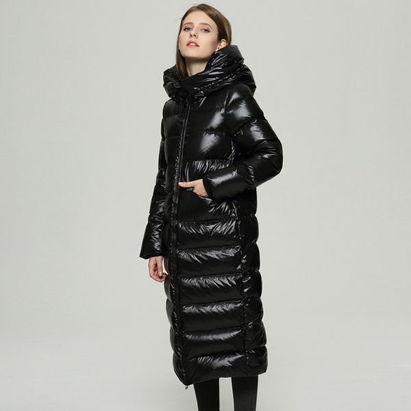 

90% white duck down long jackets winter jacket women warm thick down coats hooded for female parkas snow outwear, Black