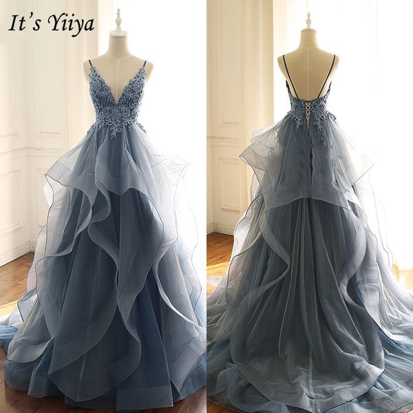 

it's yiiya evening dress 2019 spaghetti strap backless appliques ball gown fashion v-neck train lace tiered formal dresses e934, White;black