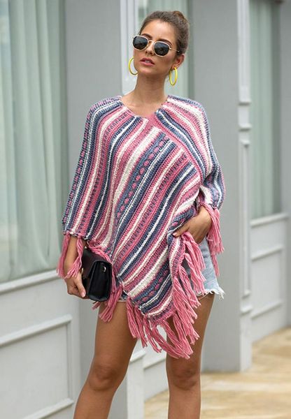 

хи гранд женщин v-образным вырезом полосатый трикотаж kintted пуловеры осень 2019 мода кистями плащи женщин обертывания груза падения wzl150, Black