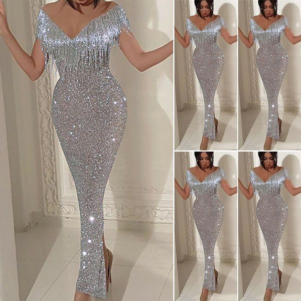 

us womens ladies tassel sequin off shoulder evening party long pencil midi dress, Black;gray