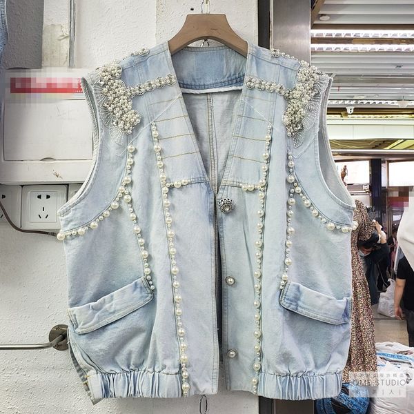 

2020 spring autumn new jeans jacket korean sleeveless jean vest heavy nail bead diamonds loose thin denim jackets women coats, Black;white