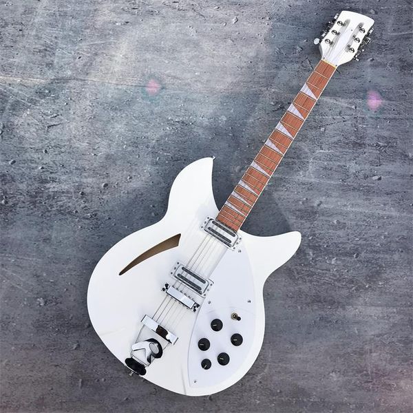 Custom 330 12 Cordas Branco Semi oco Corpo Elétrico Guitarra Gloss Vernish Rosewood Fingerboard, 5 Konbs, Duas Jacks de Saída, Pickguard Branco