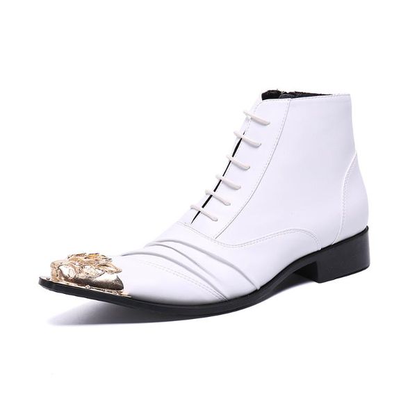 

autumn winter new men white pointed toe ankle boots fashion genuine leather boots men casual metal, Black