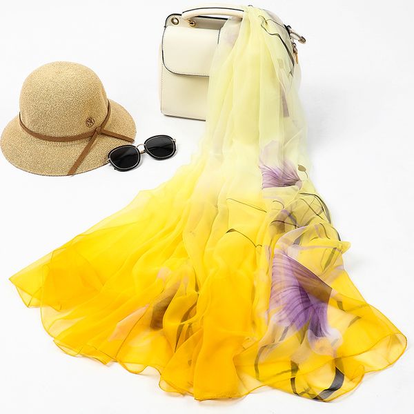 

summer long silk scarves for woman luxury country style female cape beach plus size 180*140cm yellow shawl and echarpe foulard