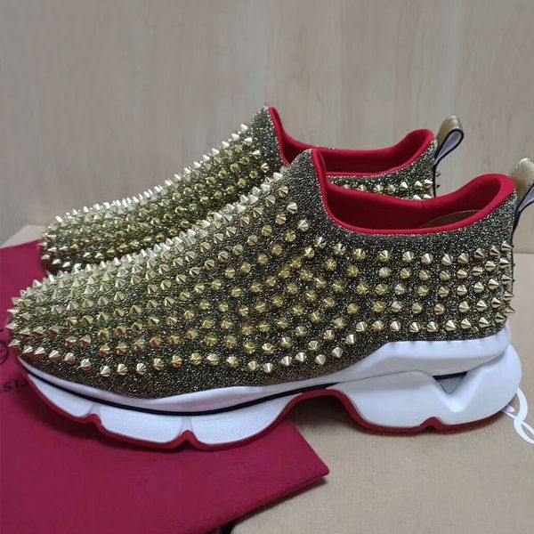 

british wind new diamond studded red bottom hedgehog casual shoeschanel men and women thin breathable couple lazy sneakers, Black
