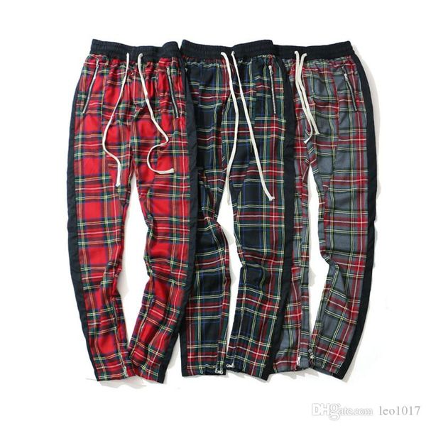 

side stripe patchwork elastic waist plaid pants men 2018 high street leg opening zipper men's pants full length 4colors