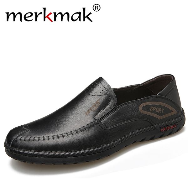 

merkmak 2019 brand new genuine leather men casual shoe fashion slip-on loafer comfortable big size driving footwear autumn flats, Black